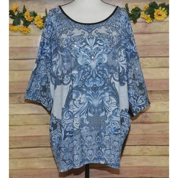 Catherines Blue Studded Paisleys Pullover Tunic Blouse Top Plus Size 3X 26W 28W - Picture 1 of 10